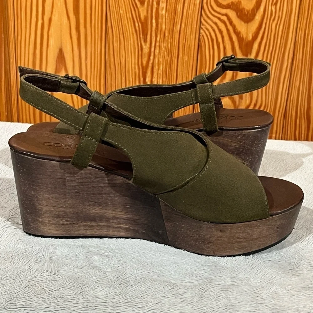Cordani Josie Olive Green Suede Leather Wedge Platform Sandals